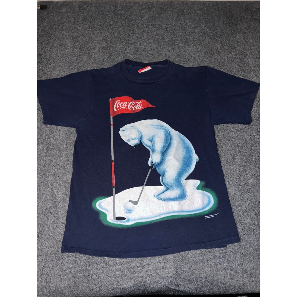 Vintage Coca-Cola Polar Bear Golf T-Shirt XL Navy Blue Cotton Made in USA 1995